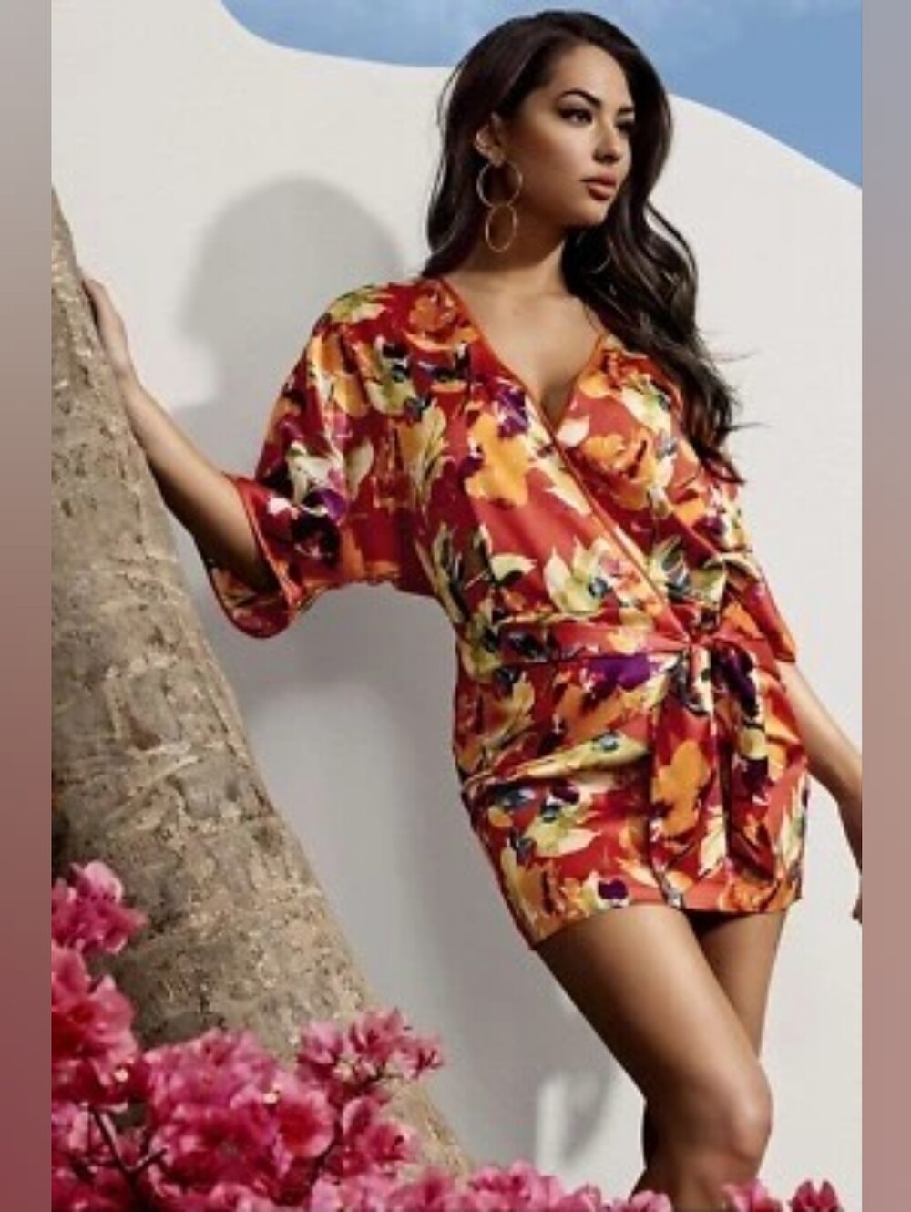 Marciano Floral Satin Wrap Mini Dress - Red & Yellow
